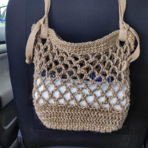 Crocheteted hanging jute mesh bag organizer for back and front car seat. Car trash with adjustable straps. Car garbage can. Car lover gift.